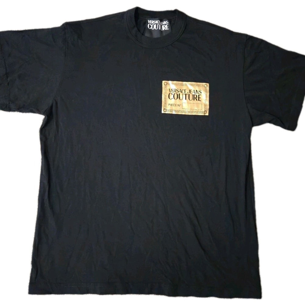 Versace Jeans Couture Logo Print Cotton T-Shirt Black Gold Authentic Mens M